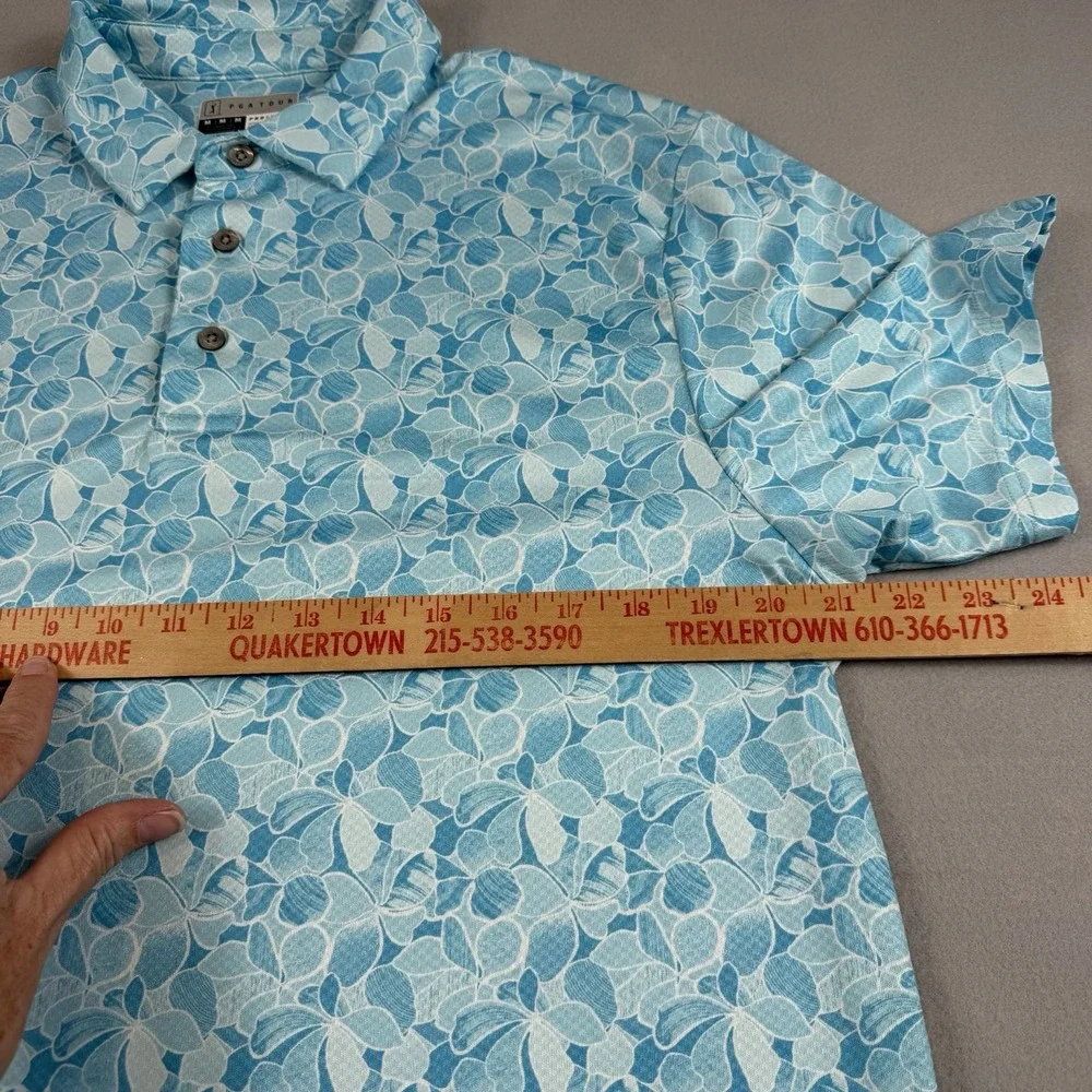 Mens PGA Tour Pro Series Stretch Aqua Flower Print Polo Golf Shirt Size Medium